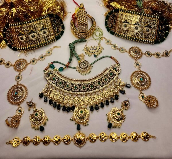 One Gram Gold Polish Plated Green Rajasthani Jodu Set For Bridel